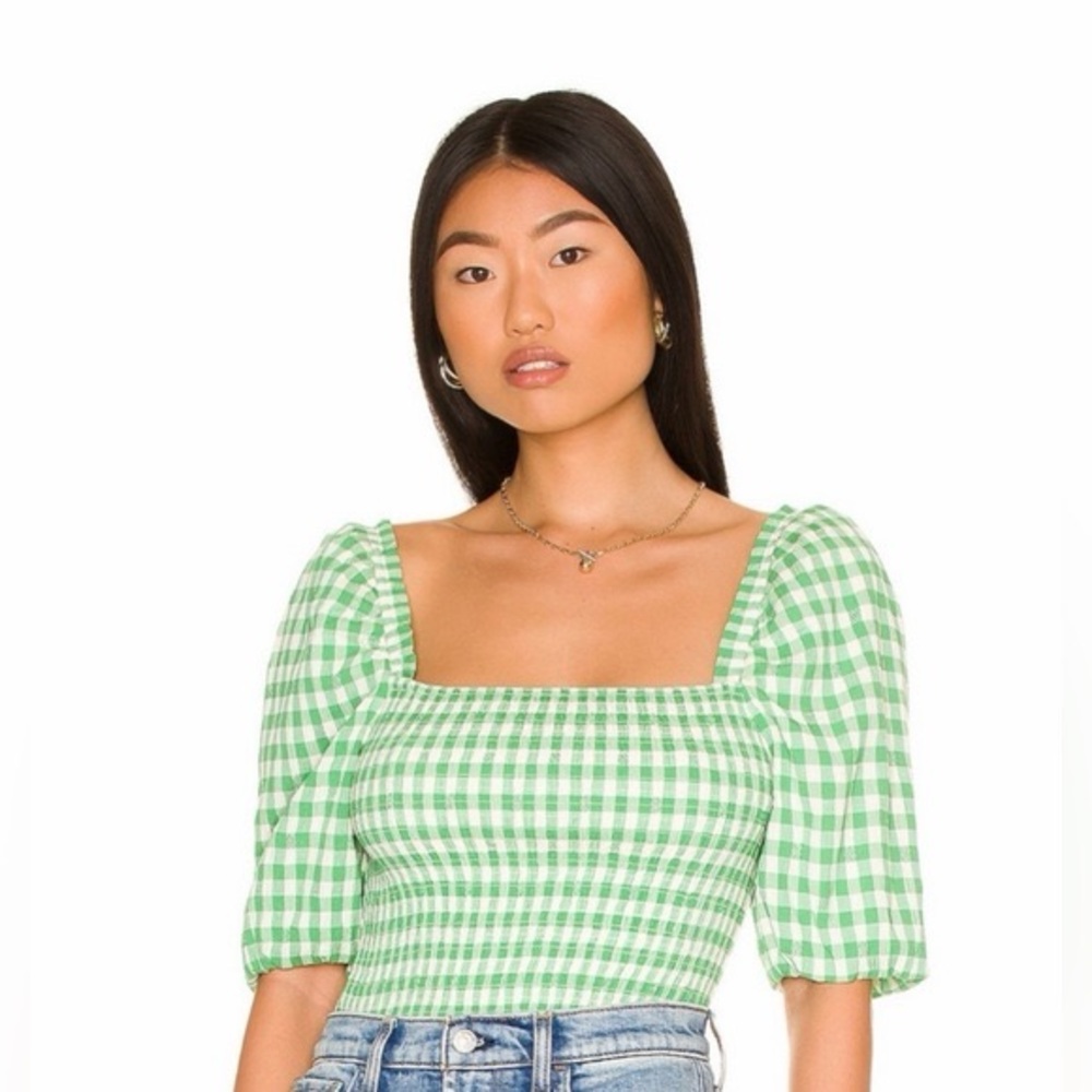 Square Neck Green Gingham Puff Sleeve Top